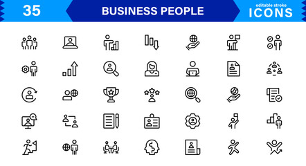 Business People Icon Set Representing Leadership, Teamwork, Meetings, Growth, and Success in a Minimalist, Professional, and Download-Ready Style