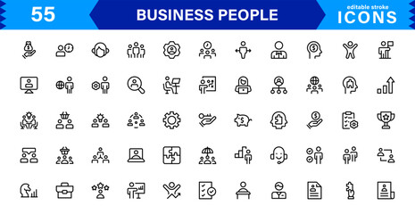 Business People Icon Set Representing Leadership, Teamwork, Meetings, Growth, and Success in a Minimalist, Professional, and Download-Ready Style