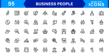 Business People Icon Set Representing Leadership, Teamwork, Meetings, Growth, and Success in a Minimalist, Professional, and Download-Ready Style