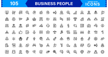 Business People Icon Set Representing Leadership, Teamwork, Meetings, Growth, and Success in a Minimalist, Professional, and Download-Ready Style
