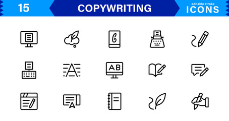 Copywriting Icon Set Featuring Content Creation, Writing, Editing, Marketing, and Communication Symbols in a Professional, Vector-Based Design