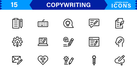 Copywriting Icon Set Featuring Content Creation, Writing, Editing, Marketing, and Communication Symbols in a Professional, Vector-Based Design