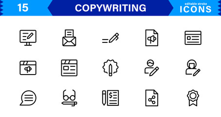 Copywriting Icon Set Featuring Content Creation, Writing, Editing, Marketing, and Communication Symbols in a Professional, Vector-Based Design