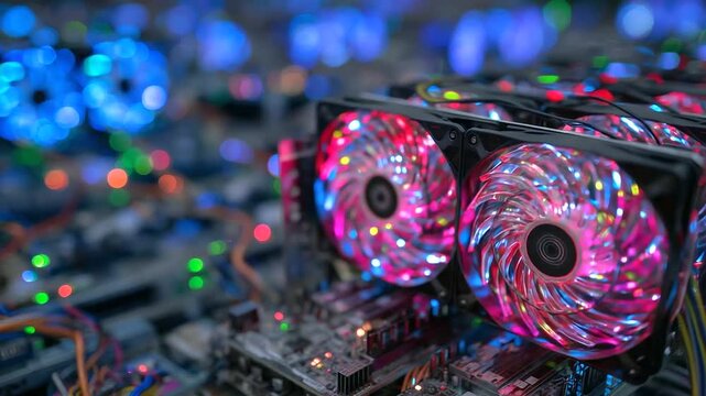 Close-up of glowing GPU rigs in a dark server room, vibrant hash code reflections dance across metallic surfaces, with cooling fans spinning intensely