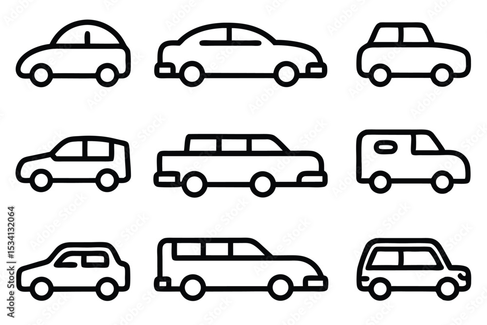 Poster simple black and white car icons representing different vehicle types for design projects