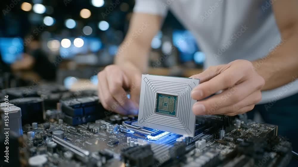 Poster ambient tech lab lighting highlights the glint of a modern cpu being slotted into the motherboard by