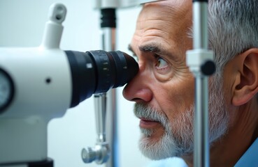 Elderly man on eye exam with modern medical equipment. Doctor performs detailed eyesight test. Pro checks patient vision. Senior male having diagnostic procedure in clinic.