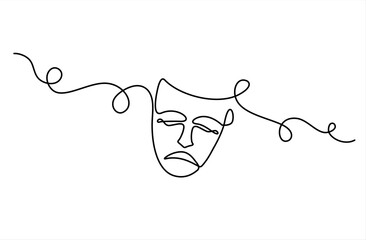Greek mask one line drawing, opera event symbols continuous hand drawn, mask one line vector. Editable stroke, theater humor smile mask one line continuous line art, Theater mask tragedy.	
