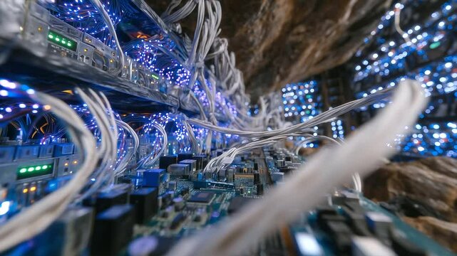 An intricate tangle of cables and blinking LED lights illuminates a mining rig&rsquo;s circuitry, blockchain hash code streams glowing faintly on nearby monitors