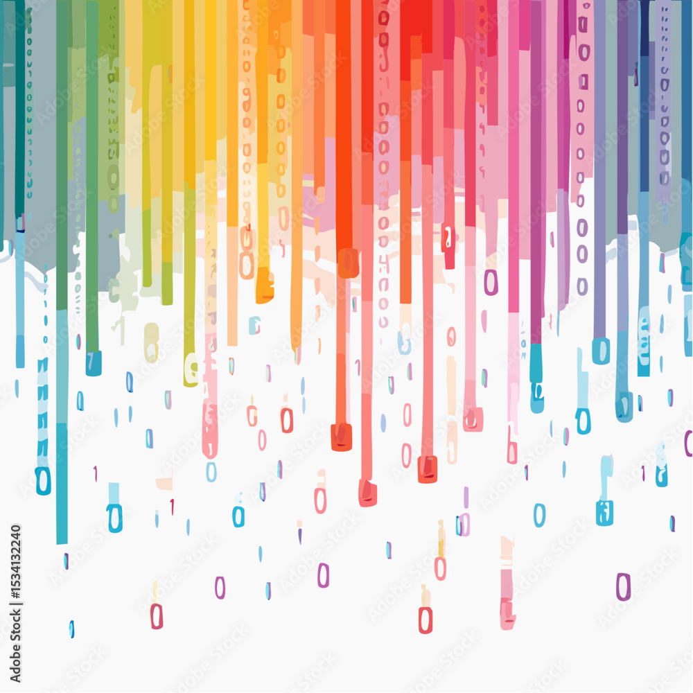 Poster binary code cascading down like digital rain, representing data insights, vibrant hues