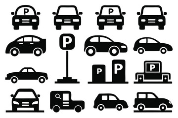 Black and white car icons depicting parking spaces and various vehicle styles
