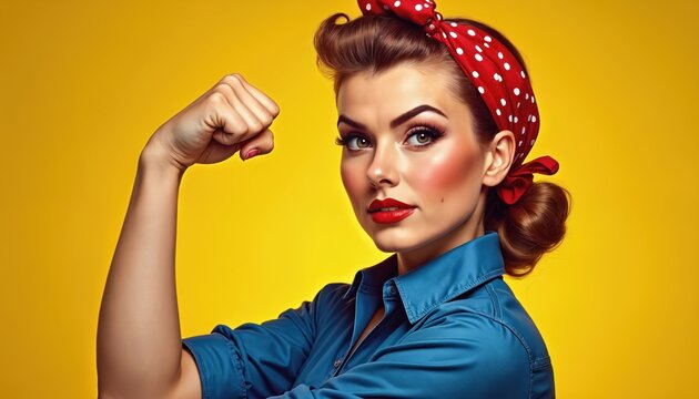 Rosie Riveter flexing arm. Beautiful woman in blue shirt, red headscarf with white dots. Iconic image of strength, women empowerment, symbol of American feminism, WWII era. Vintage retro photo.