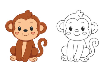 Cute monkey coloring page for kids. Jungle animal in cartoon doodle style, ideal for children’s books, preschool learning activities, printable worksheets, and educational games