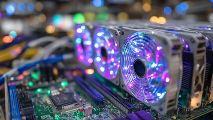 A tight frame captures the hum of a working mining rig, with spinning fans and glowing circuit boards processing cryptocurrency in a neon-lit data chamber - Powered by Adobe