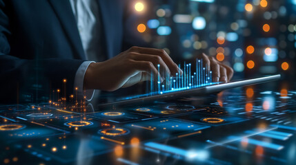 Stock Trader Using Tablet with Holographic Market Data – Modern Fintech Concept