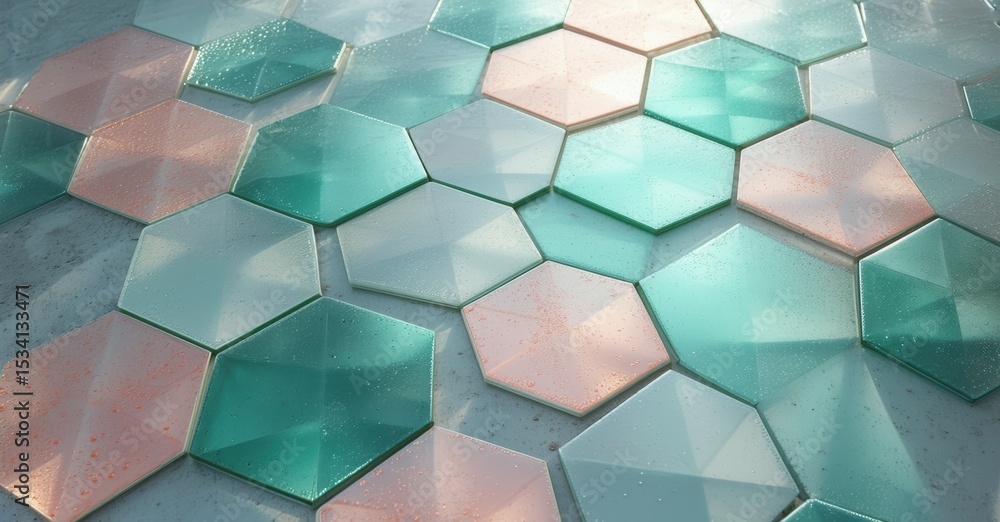 Poster hexagonal tiles create textured surface. soft pinks, blues, whites blend. light plays across facets,
