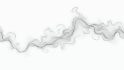 A wispy, elegant trail of dark grey smoke undulating across a pristine white background. The smoke forms a smooth, horizontal wave-like pattern, appearing delicate and ethereal.