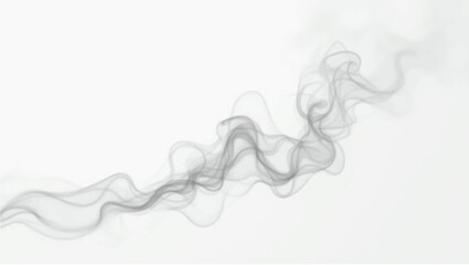 A wispy, elegant trail of dark grey smoke undulating across a pristine white background. The smoke forms a smooth, horizontal wave-like pattern, appearing delicate and ethereal.
