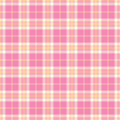 Trendy pattern tartan fabric, thin texture textile check. Bathroom vector background plaid seamless in pink and light yellow colors.