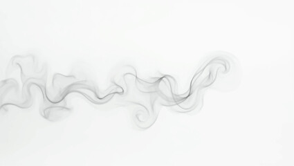 A wispy, elegant trail of dark grey smoke undulating across a pristine white background. The smoke forms a smooth, horizontal wave-like pattern, appearing delicate and ethereal.