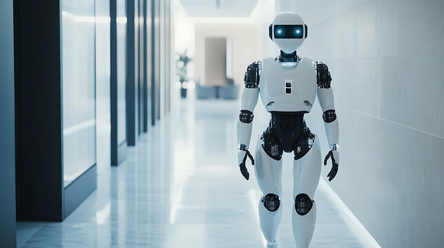 Advanced humanoid robot walking through a modern corridor