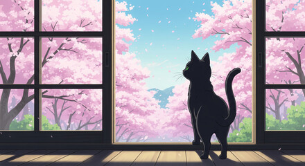 A ginger tabby cat sitting by a window, gazing at blooming cherry blossoms in spring. Peaceful Japanese anime-style digital art with soft lighting, petals falling, and a serene seasonal atmosphere.