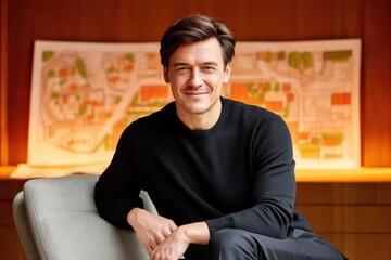 Fototapeta premium A man in a black sweater sits comfortably on a chair, smiling confidently with a city map in the background.