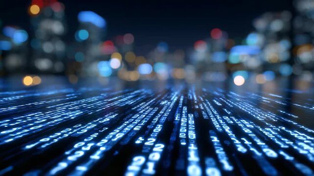 Abstract close-up of digital hash codes projected above glowing processors in a cold, metallic server farm bathed in blue light