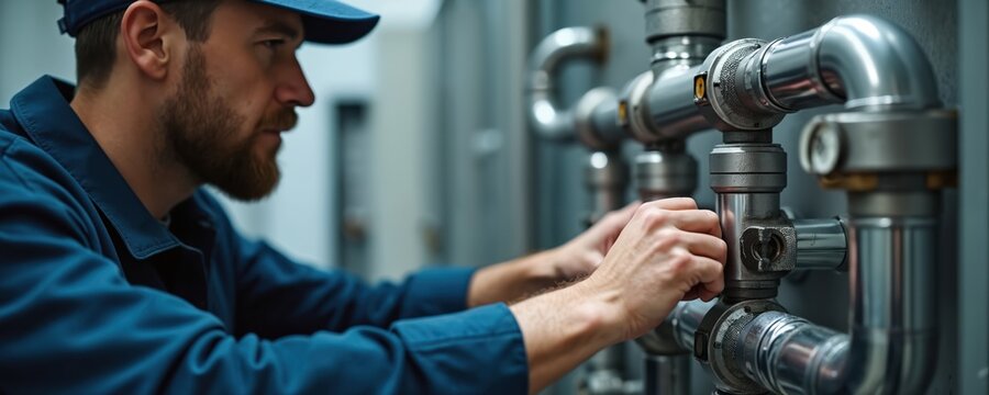 Professional technician checks hotel boiler system. Man in blue uniform works with pipes, valves. Hotel maintenance plumbing service, installation. Corrective maintenance inspection. Hotel industry.