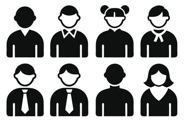 Black and white abstract icons of people representing diverse individuals and professions.