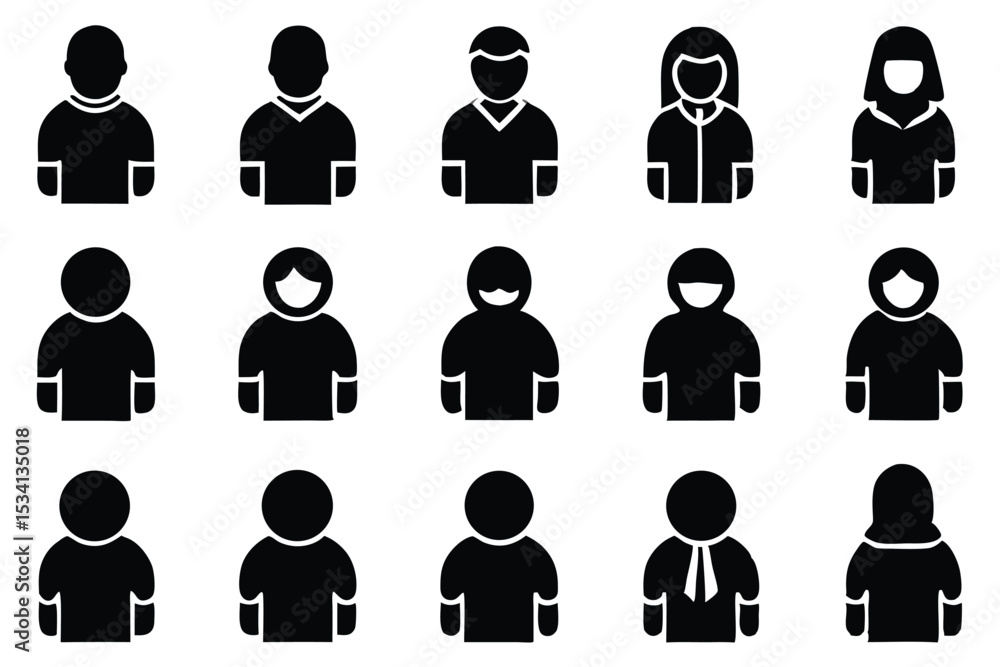 Poster collection of black and white avatar icons representing various professions and characters