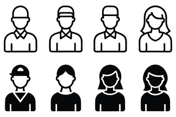 Simple black and white iconographic illustrations representing people in various outfits and styles