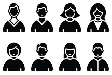 Simple black and white silhouetted avatars of diverse men and women for design elements