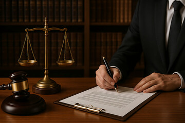 lawyer, signing, legal document, scales of justice. A person in a suit signs a legal document at a desk with a gavel and scales of justice, symbolizing law and legal proceedings.