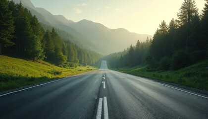 Naklejka premium Empty highway stretches towards horizon surrounded by green trees and mountains. Daytime road with white lines, long journey, explore direction and freedom. Calm scenery, travel concept.