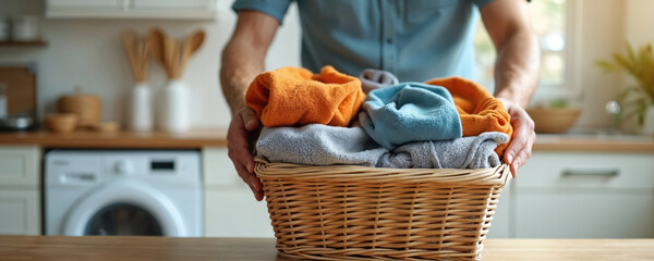 Man holds laundry basket with clean fresh towels, clothes at kitchen home. Pile of colorful washed textiles. Domestic life chores, housekeeping. Hygiene and freshness concept.