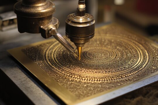 Machine stamping artistic mandala into brass sheet