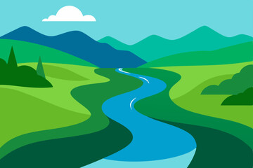 Obraz premium Green landscape illustration with a road winding towards blue mountains under a summer sky