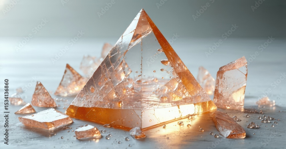 Poster orange pyramid shattered, fragments scattered around. liquid inside glows, creating dramatic light e