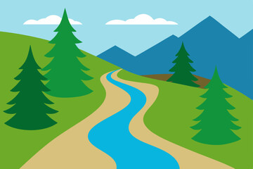 Fototapeta premium Snowy mountain road winding through a festive pine forest, a perfect winter holiday landscape illustration