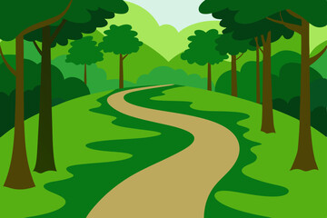 Fototapeta premium Lush green trees line a winding forest road under a bright summer sky, leading through a peaceful natural landscape