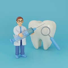 3d character dentist with a healthy tooth, syringe and mirror. Prevention, diagnostics and treatment of diseases of teeth and gums. Hygiene and oral care. Prevention of caries. 3d rendering.

