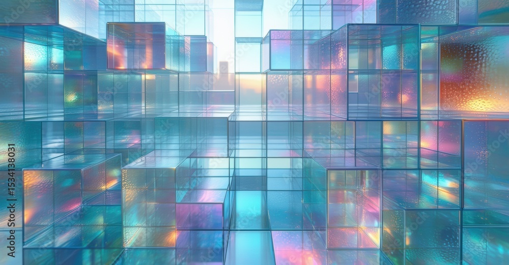 Aufkleber abstract cityscape. cubes reflect light, creating vibrant, colorful patterns. futuristic design evok