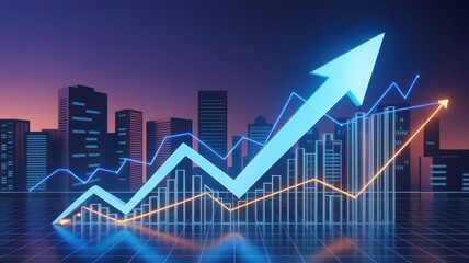 Red Upward Arrow Over Bar Chart Illustrating Economic Growth in Modern Cityscape