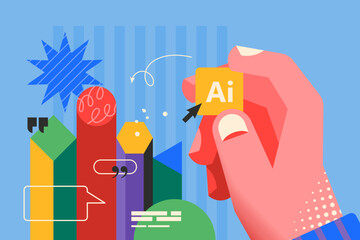 Modern creative concept for using Artificial Intelligence chatbot and AI assistant with hand design. Business vector illustration for social media, banner or presentation template