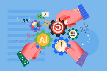 Modern creative concept for using AI technology to optimize, improve  and increase productivity and result with hands design . Business vector illustration for social media, banner or presentation

