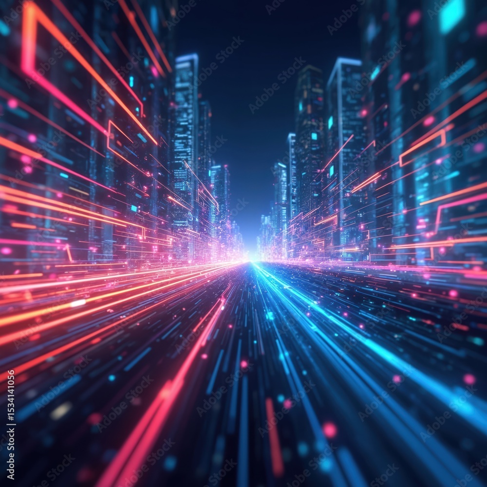 Poster digital cityscape illustration, future data tech, digital network concept. lines of light connect bu
