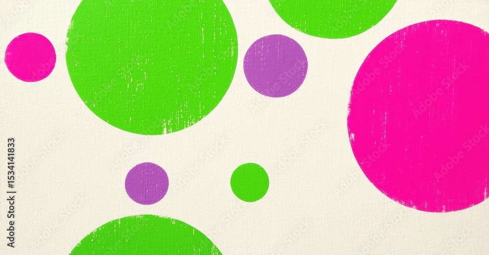Poster bright circles overlap, creating playful pattern. colors include pink, purple, green on offwhite bac