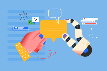 Modern creative concept for using AI technology for review and client feedback with hands design . Business vector illustration for social media, banner or presentation template