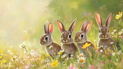Obraz premium Four adorable bunnies sitting in a vibrant wildflower meadow on a sunny day.